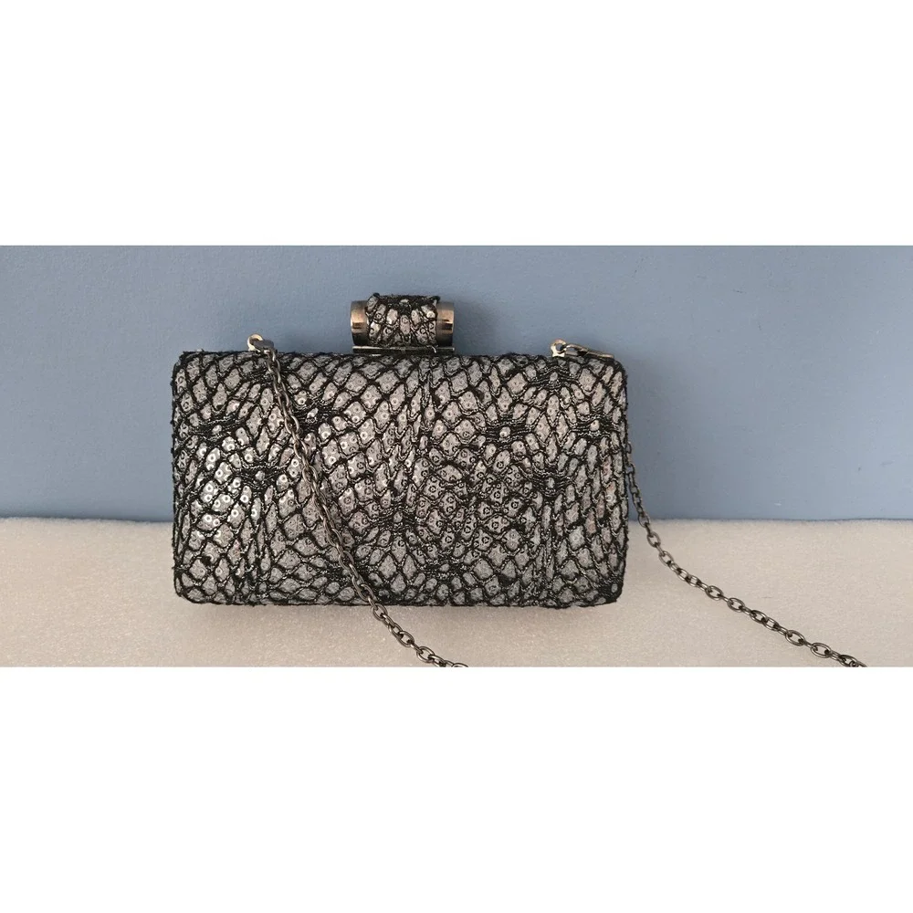 MMS Silver Sequin Black Lace Evening Box Clutch Bag with Chain Strap